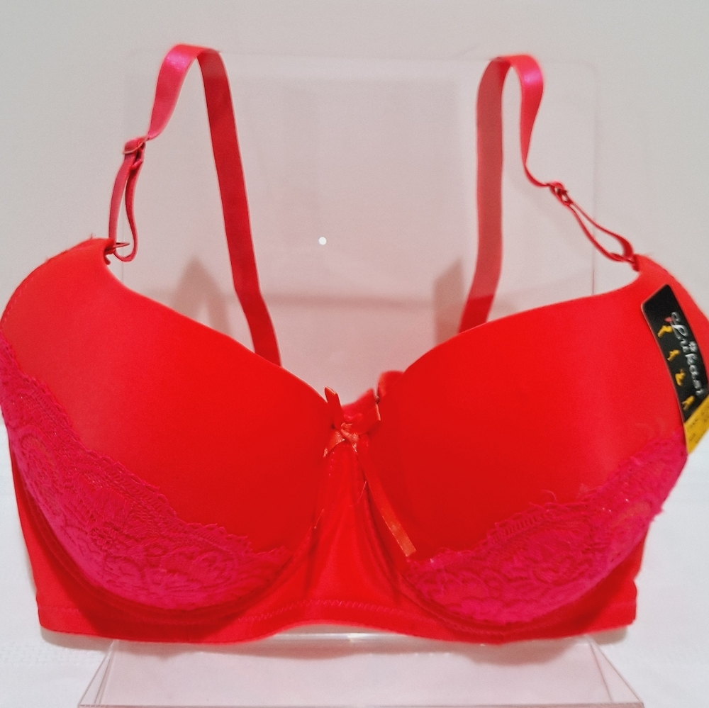 🤍FINAL💲NWT Lukasi bright orange bra lightly padded *lace & ribbon *38DD